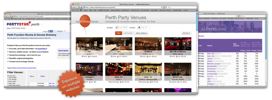 Partystar, myBirthdayVenue and 21Perth websites